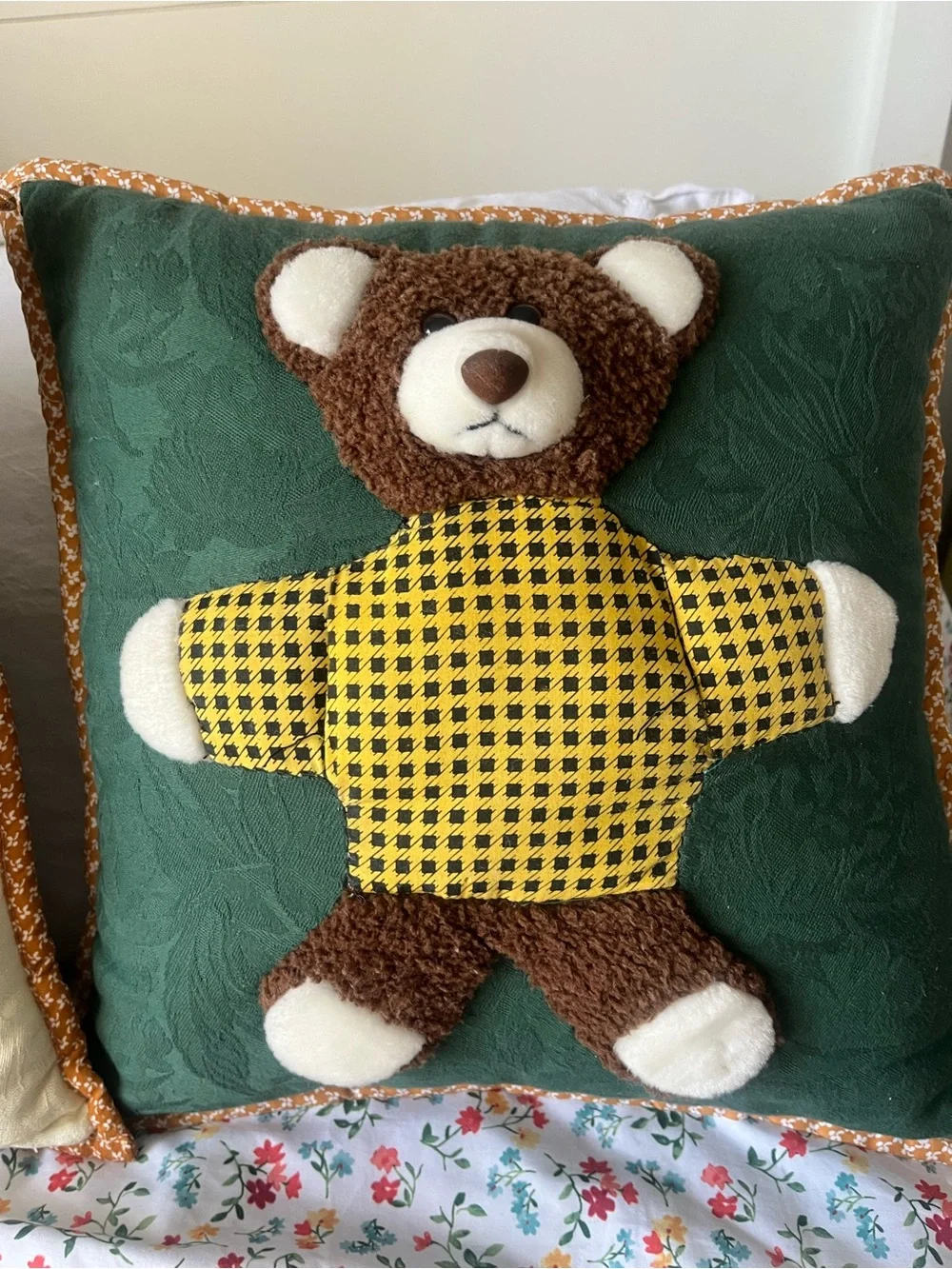 3D Vintage Cracker Barrel 90s holiday bear Throw Pillow Set in Green and Cream